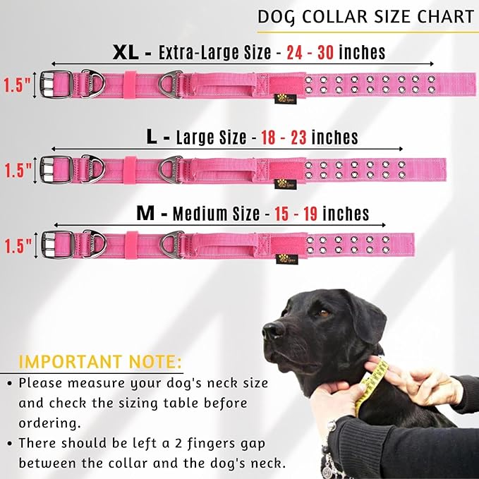 ADITYNA Heavy Duty Reflective Pink Dog Collar with Handle - Wide, Neoprene Padded for Large Female Dogs - Tactical, Durable, Comfortable for Walking, Training, Hiking