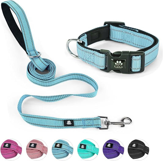 NESTROAD Reflective Dog Collar and Leash Set,Soft Neoprene Pet Collar with Quick Release Buckle,Adjustable Nylon Dog Collars for Small Medium Large Dogs(Large Collar+ 5FT Leash,Blue)