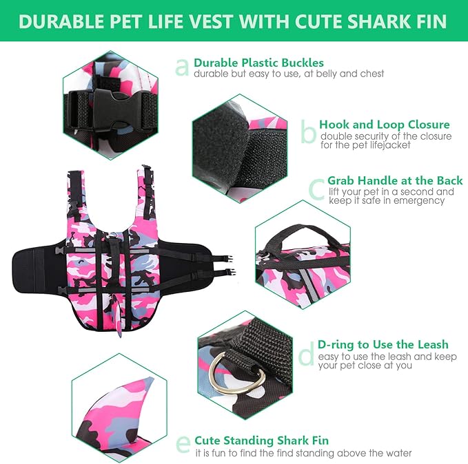Queenmore Dog Life Jacket Pet Safety Vest High Buoyancy Camouflage Color Cute Shark with Strong Rescue Handle and Leash Ring for Boating, Canoeing, Surfing, Hunting