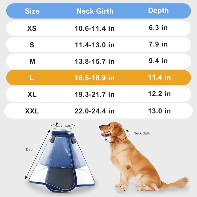Soft Dog Cone for Dogs After Surgery, Breathable Pet Recovery Collar for Large Medium Dogs, Adjustable Dog Cone Collar, Elizabethan Collar (L, Blue)