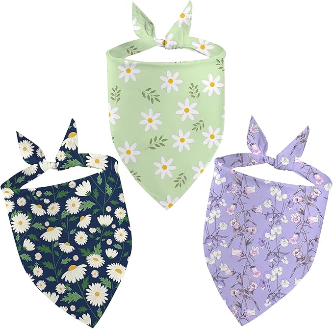 Yuboo Spring Floral Dog Bandanas 3 Pack, Colorful Green Blue Flower Dog Scarf for Boy and Girl, Adjustable Triangle Holiday Birthday Bandanas Scarf for Small Medium Cats Dogs Pets