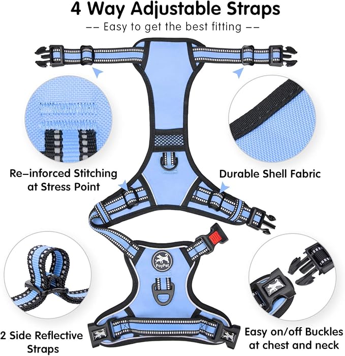 PoyPet No Pull Dog Harness, [Release on Neck] Reflective Adjustable No Choke Pet Vest with Front & Back 2 Leash Attachments, Soft Control Training Handle for Small Medium Large Dogs(Light Blue,L)