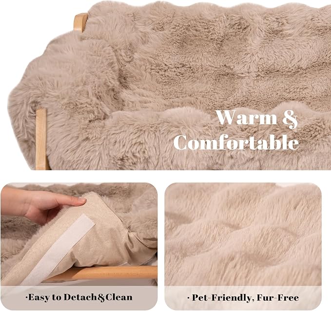 Elevated Cat Couch Bed for Indoor Cats, Wooden Cat Sofa with Removable Washable Fluffy Cover Raised Kitty Lounge Chair Suitable for Puppy(Cat Sofa Khaki)