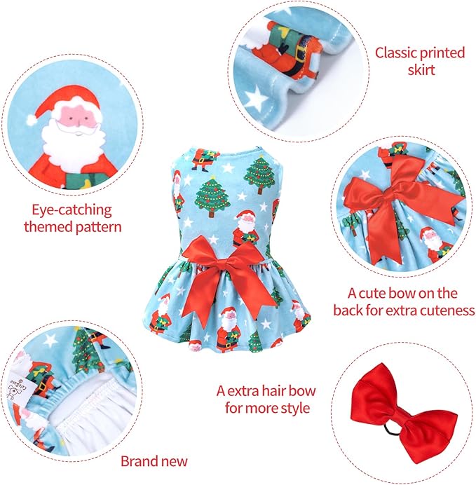 CuteBone Dog Dresses Christmas Outfit Velvet Holiday Small Dogs Clothes Onesie Pet Apparel Girl Puppy Skirt with Bow Hair Rope CVA34S