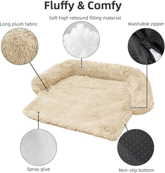 Calming Dog Bed Fluffy Plush Dog Mat for Furniture Protector with Removable Washable Cover for Large Medium Small Dogs and Cats (XS (31"x23.5"x5"), Beige)