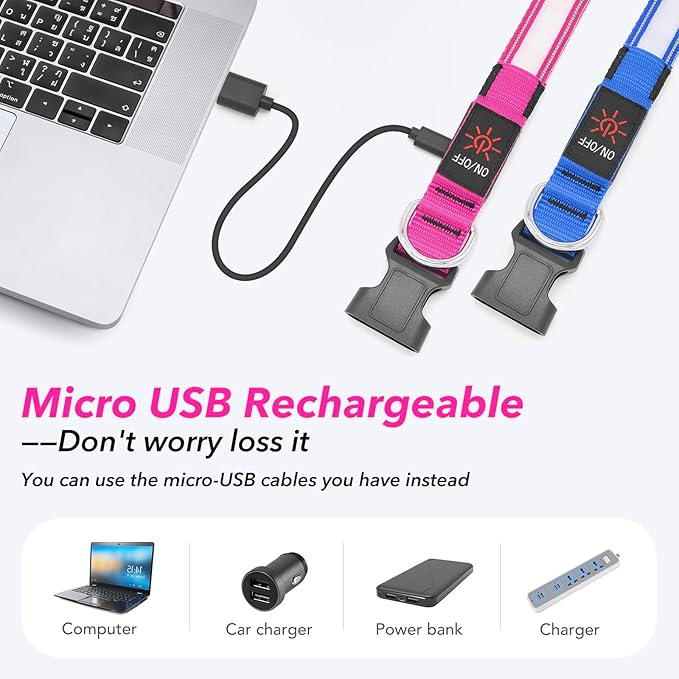 Visinite LED Dog Collar USB Rechargeable, Reflective Light Up Pet Collar for Night Walking, Adjustable Glow Collar for Small Medium Large Dogs (Pink, L)