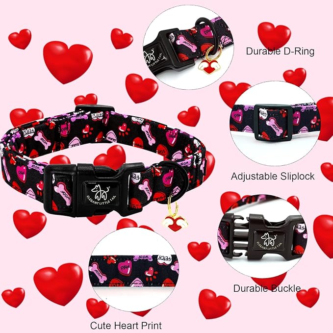 Elegant little tail Dog Collar, Red Heart Dog Collars Female or Male Adjustable Cotton Pet Collar with Quick Release Buckle for Small Medium Large Dogs
