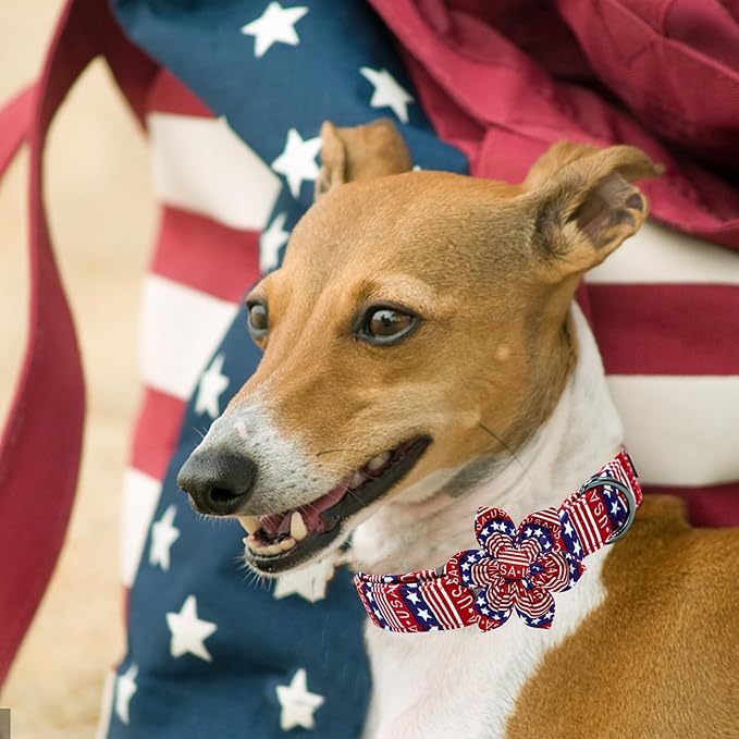 Elegant little tail Independence Dog Collar, Patriotic Pet Collar with Flower American 4th of July Pet Gift Cotton Soft Boy Girl Adjustable Collars for Small Dogs