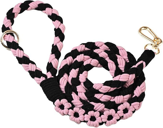 Handmade 5ft Braided Cotton Dog Leash with Unique Floral Handle, Durable and Stylish, Ideal for Small to Large Dogs, Black & Pink Color