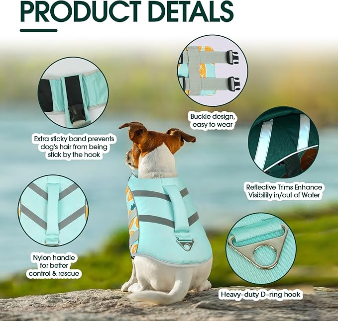 Kuoser Dog Life Jackets for Medium Dogs, Dog Life Vests for Swimming, Reflective Dog Life Vest Beach Boating with High Flotation, Dog Swim Vest for Medium Dogs, Pineapple L