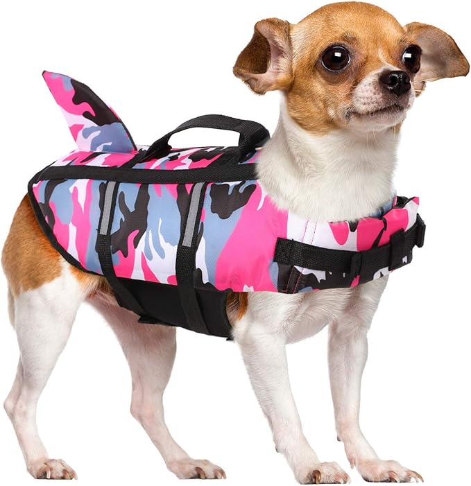 Queenmore Dog Life Jacket Pet Safety Vest High Buoyancy Camouflage Color Cute Shark with Strong Rescue Handle and Leash Ring for Boating, Canoeing, Surfing, Hunting, Pink M