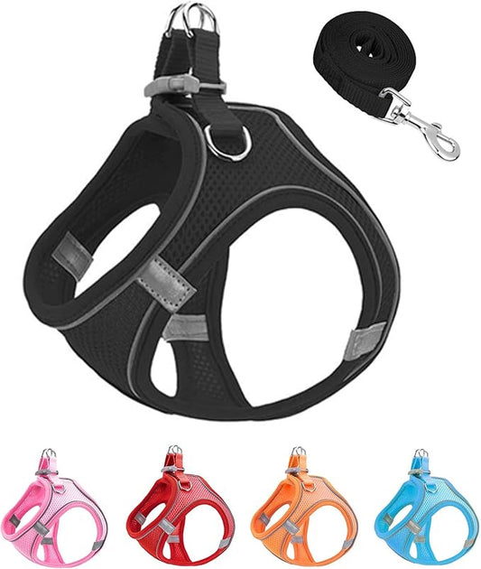 S Black Soft Mesh Dog Harness and Leash Set,No Escape Puppy Harnesses for Training Walking， Reflective Adjustable Puppy Vest for Small Medium Dogs, Cats (Black, S)