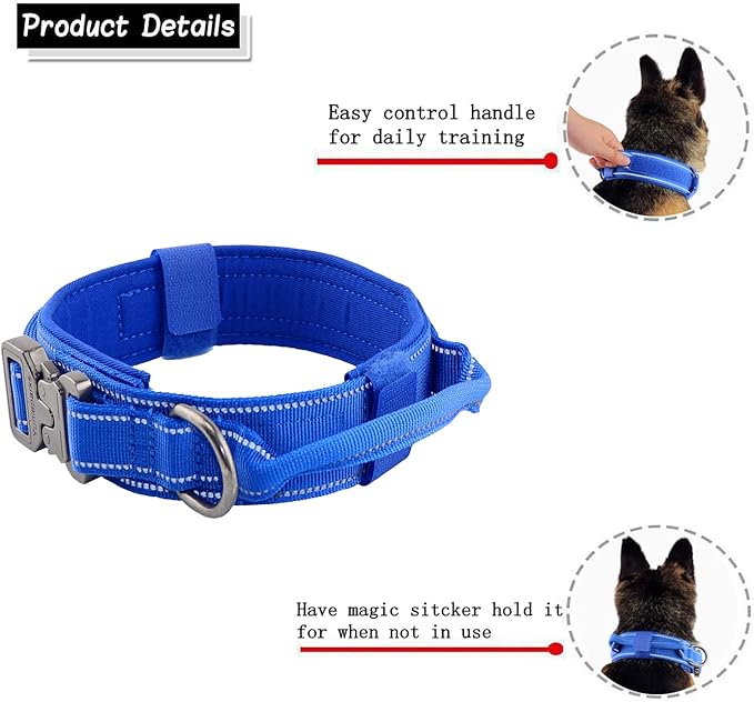 Tactical Dog Collar with Heavy Duty Metal Buckle and Control Handle for Medium Large Dogs Training(Bright Blue, Large)