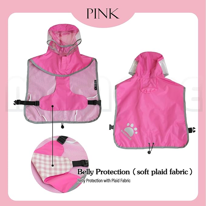 MAMORE Dog Raincoat Hooded Rain Jacket for Small Medium Large Dogs Slicker Poncho Bottom Waterproof Adjustable Reflective Breathable Leash Hole (Pink, Large)