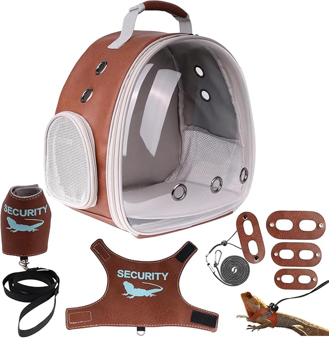 Bearded Dragon Carrier Backpack with Two Security Printing Harness with Leash Sets, Reptile Lizard Travel Bag to Carry and Transport Small Animal Kitten Bunny Guinea Pig to Vet(Brown, PU Leather)