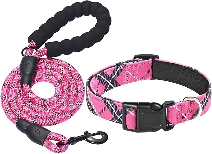 Nylon Dog Collar Soft Neoprene Padded Adjustable Dog Collars for Small Medium Large Dogs (L Neck 18.5"-23.5", Pink)