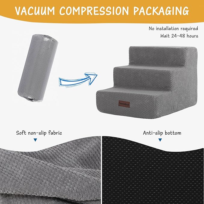 Dog Stairs for Small Dogs & Cats, 3-Step Non-Slip Pet Steps for Couch Sofa and Chair, Grey, 13.6" H