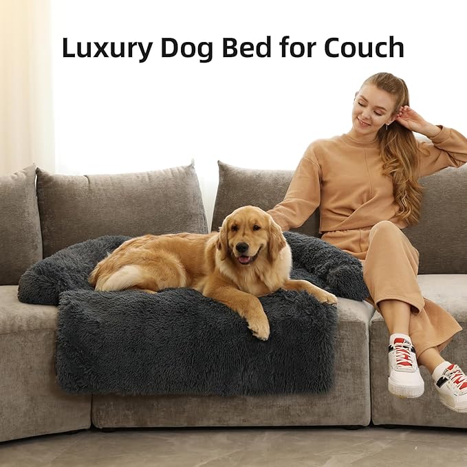 Calming Dog Bed Fluffy Plush Dog Mat for Furniture Protector with Removable Washable Cover for Large Medium Small Dogs and Cats (Extra Extra Large, Dark Grey)
