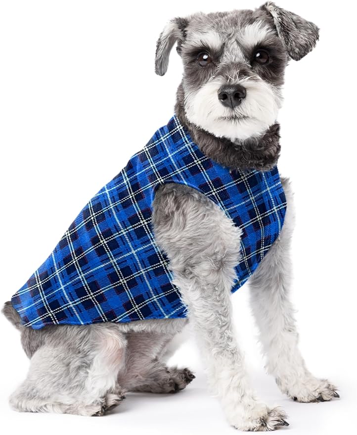 Stretch Fleece Dog Coat, Stretchy Pet Sweater, Machine Washable Pullover for Winter and Fall, Blue Plaid, 10