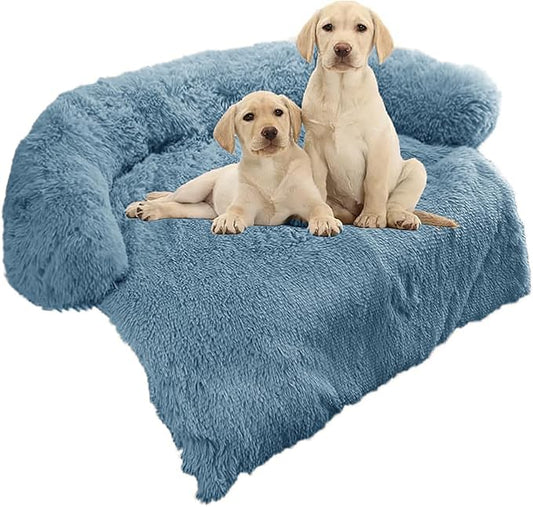 Calming Dog Bed Fluffy Plush Dog Mat for Furniture Protector with Removable Washable Cover for Large Medium Small Dogs and Cats (Medium, Navy)
