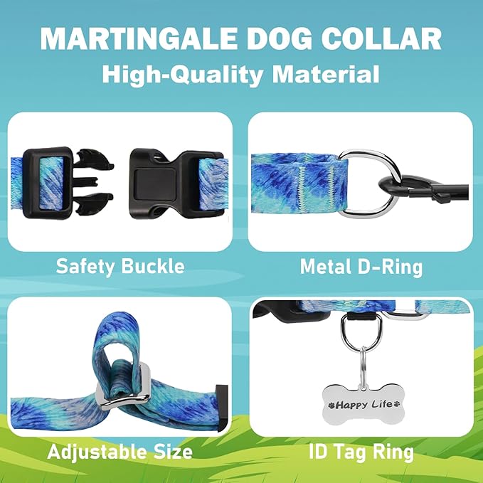 Martingale Collar with Buckle Blue Tie Dye Training Collar Adjustable Nylon Boy Dog Collars (Blue Teal, Large)