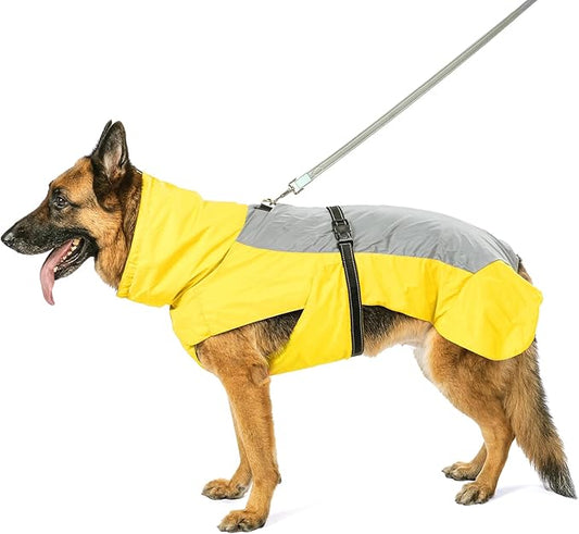 Dog Raincoat with Harness Built in,Outdoor Waterproof Puppy Rain Jacket for Medium Dogs,Adjustable Waist by Strap Doggie Rain Coats,Yellow M