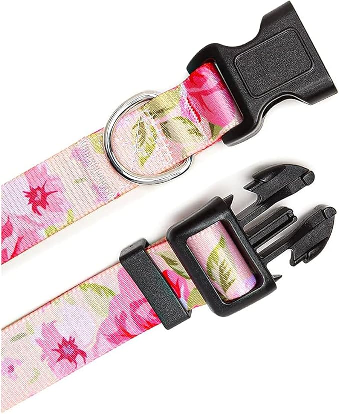 Dog Collar and Leash Set with Bohemia Floral Tribal Geometric Patterns - Soft Ethnic Style Collar Adjustable for Small Medium Large Dogs(Pink Rose Set,M)