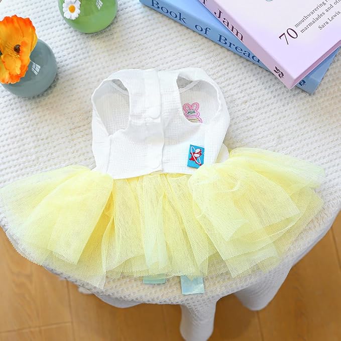 Dog Easter Outfit with Embroidered Bunny Patterns and Cute Pompom Holiday Puppy Dress Bow Small Dog Tutu Cat Apparel Fancy Pet Clothes,Yellow,Blue,White (Yellow, X-Small)