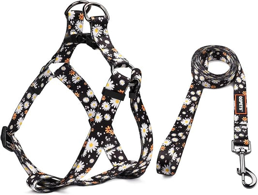 QQPETS Dog Harness Leash Set Adjustable Heavy Duty No Pull Halter Harnesses for Small Medium Large Breed Dogs Back Clip Anti-Twist Perfect for Walking (XS(12"-18" Chest Girth), White Daisy)