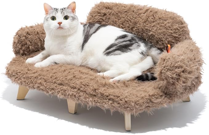MEWOOFUN Removable Washable Cover Cat Bed - 26"x18.3"x8.5" Elevated Wooden Pet Sofa for Cats & Small to Medium Dogs, Modern Pet Furniture (Brown)