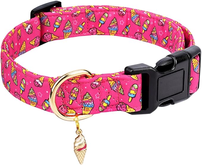 Cotton Dog Collar,Adjustable Cute Puppy Collar with Moon Patterned Design for Small Medium Large Dogs,Soft and Fancy Pet Collar with Safety Buckle for Girl Boy Dogs (Red Ice Cream, L)