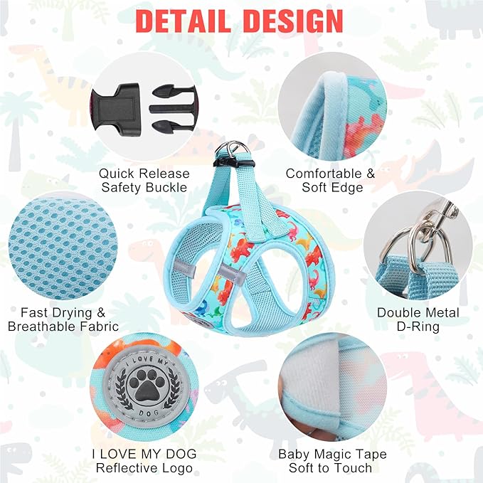 BEAUTYZOO Step in Dog Harness and Leash Set,Reflective Dog Harness No Pull No Choke Puppy Harness for Small Medium Large Dogs Cats,Soft Padded Mesh Vest Harnesses for Girl and Boy Pets,Dinosaurs M