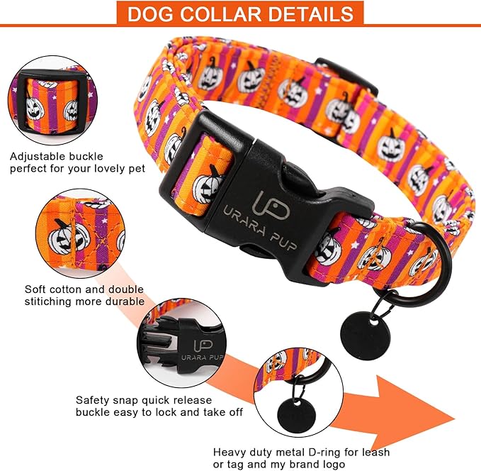 Halloween Dog Collar, Autumn Cotton Collar for Puppy Girl Dog or Cat, Halloween Pumpkin Collar with Lightweight Plastic Buckle, Adorable Pet Collar