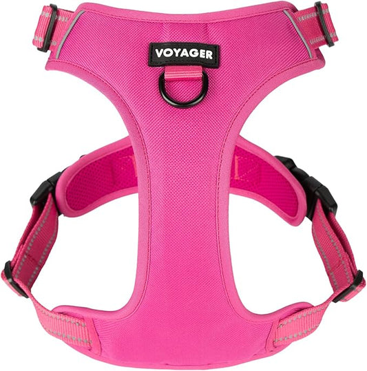 No Pull Dog Harness for Large Dogs, Dual Leash Attachments, Adjustable Soft but Strong Pet Harness with 3M Reflective Technology, Fuchsia Nylon, XL (Chest: 28-37")