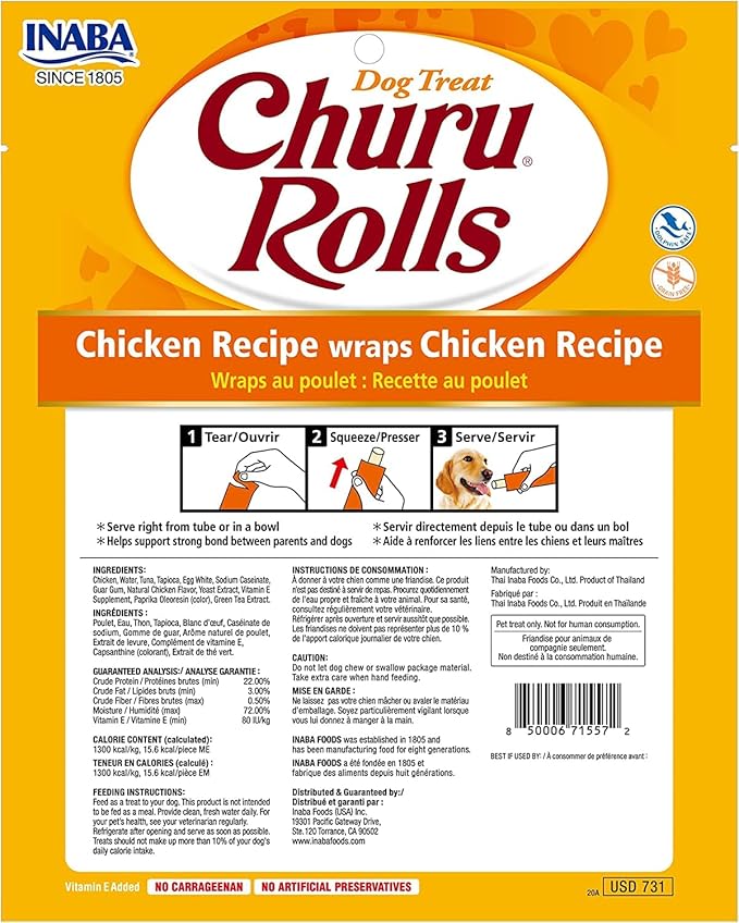 INABA Churu Rolls for Dogs, Grain-Free, Soft/Chewy Baked Chicken Wrapped Churu Filled Dog Treats, 0.42 Ounces Each Stick| 24 Stick Treats Total (8 Sticks per Pack), Chicken Recipe