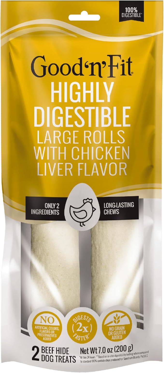 Good n Fit Large Rolls with Real Chicken Liver Flavor, 2 Count, Long-Lasting Highly Digestible Rawhide Chews for Dogs