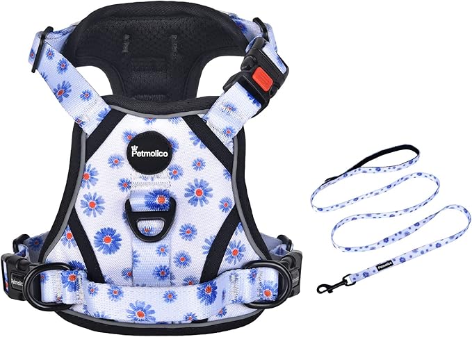 Petmolico No Pull Dog Harness and Leash Set, No Choke 2 Leash Attchments Easy Control Handle Soft Padded Reflective Vest Pet Harness for Medium Dog Breed, Daisy Medium