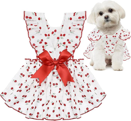 CuteBone Cotton Dog Dress Cherry with Leash Ring & Sleeve Ruffles, Soft & Breathable, Stylish Pet Clothes Outfit for Small Dogs, Comfortable & Easy to Wear CFX01XS
