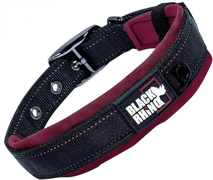 Black Rhino Dog Collars for Medium Dogs - Adjustable Reflective Heavy Duty Dog Collar with Ultra-Soft Neoprene Padding - Weatherproof, Durable, and Comfortable for Active Dogs - Burgundy and Black
