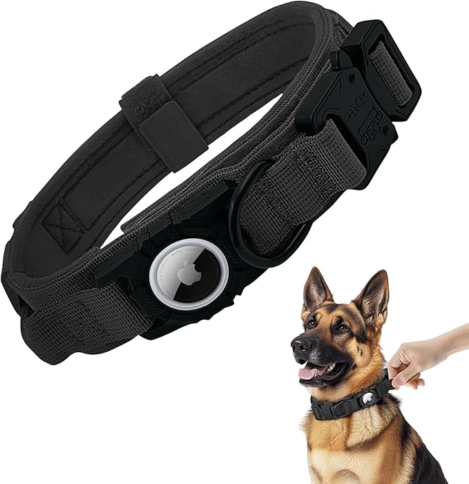 Tactical AirTag Dog Collar - Heavy Duty, Adjustable GPS Collar Compatible with Apple AirTag, with Holder & Control Handle for Medium/Large Dogs [ Black, XL ]