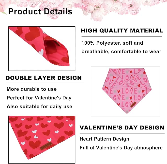 ADOGGYGO Valentine Dog Bandana, Heart and Love Pet Scarf, Premium Durable Fabric, Red Pink Valentine Bandanas for Large and Extra Large Dogs (X-Large)