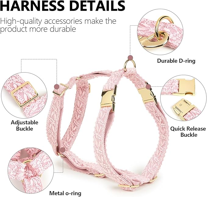 Embroidered Dog Harness and Leash Set for Medium Dogs Adjustable Cotton Lace Handmade 4-5 FT Leash with Bowknot Flower Gift for Female Dog M