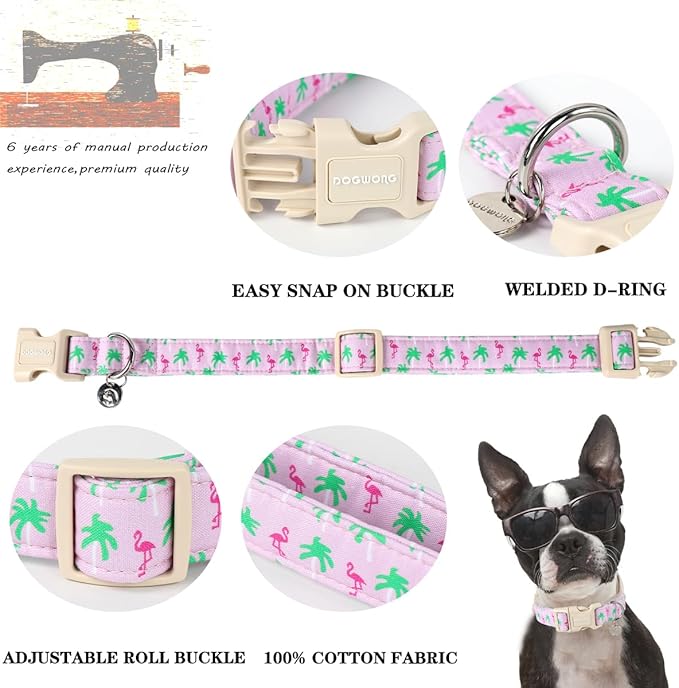 DOGWONG Cotton Dog Collar - Soft Natural Fabric Spring Summer Wedding Puppy Necklace for Small Medium Large Dogs