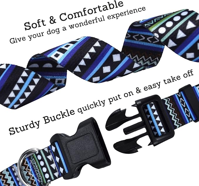 Dog Collar with Bohemia Floral Tribal Geometric Patterns - Soft Ethnic Style Collar Adjustable for Small Medium Large Dogs（Bohemian Blue,M）