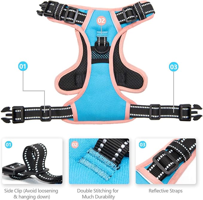 PHOEPET 2019 No Pull Dog Harness Medium Reflective Front Clip Vest with Handle,Adjustable 2 Metal Rings 3 Buckles,[Easy to Put on & Take Off](M, Blue)