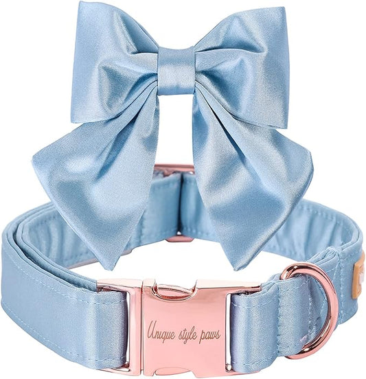 Unique style paws Silk Blue Color Dog Collar Adjustable Durable Dog Collar with Bow Wedding Bowtie Collar for Small Puppy and Cats