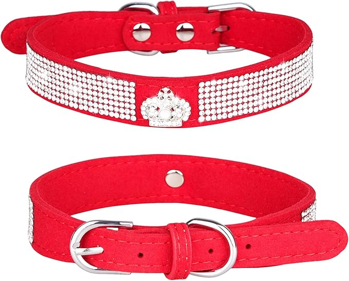Rhinestone Dog Collar, Cute Dazzling Sparkling Soft Suede Leather Dog Cat Rhinestone Collar Crystal Diamond Pet Dog Puppy Collar (S, Red-4)