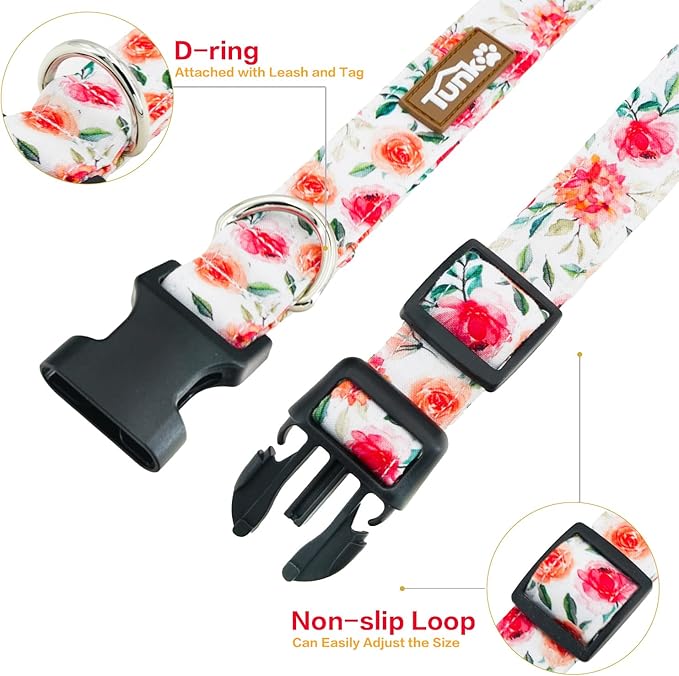 Tunkoo Flower Dog Collar with Rose Cute Adjustable Premium Cotton Collar Durable Plastic Buckle for Small Medium Large Boys Girls Dogs, S