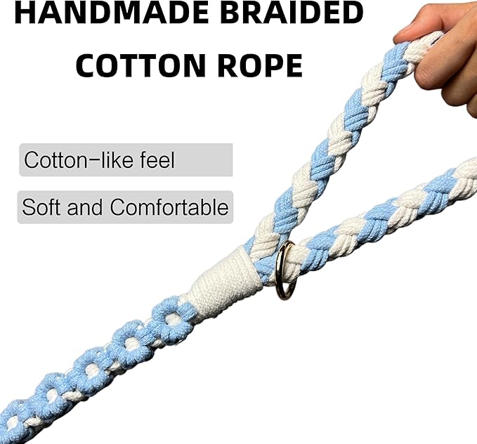 Handmade 5ft Braided Cotton Dog Leash with Unique Floral Handle, Durable and Stylish, Ideal for Small to Large Dogs,Blue & White Color