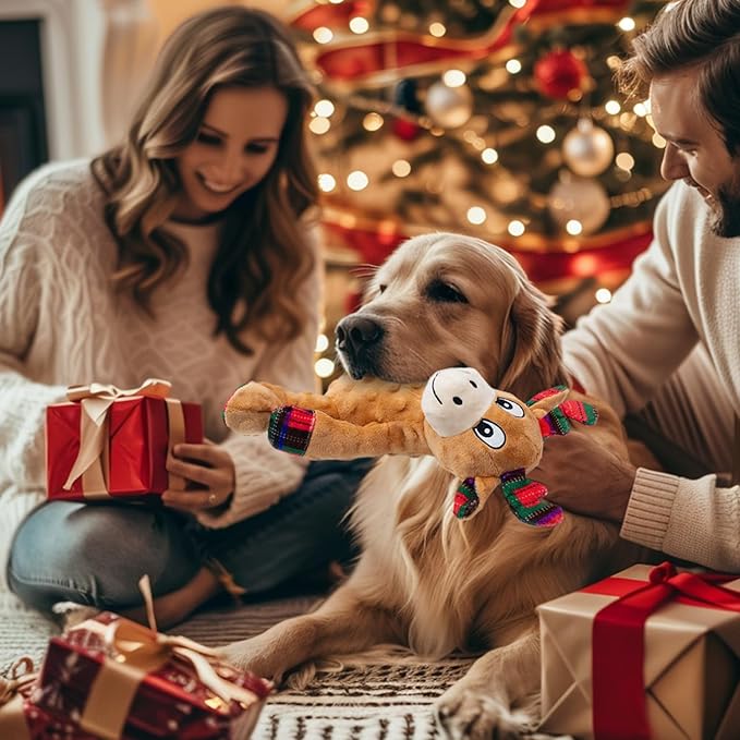 Dog Toys Squeaky Interactive Puppy Teething Chew Toy Deer Shape Stuffed PP Cotton Crinkle Sound Paper Tail, for Large Medium Small Breeds Indoor Outdoor Play